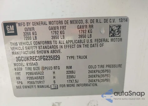 2015 Chevrolet Silverado K1500 Lt из США, поврежденный, VIN 3GCUKREC3FG235029